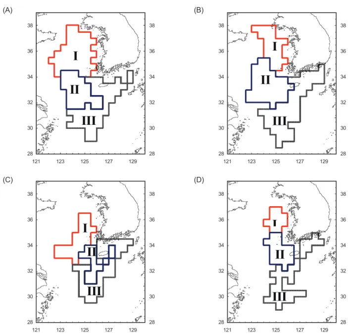 Fig. 5. Spatial distribution of the groups classified by clustering with catch species assemblages on the large fair trawler from 1990  to 2007