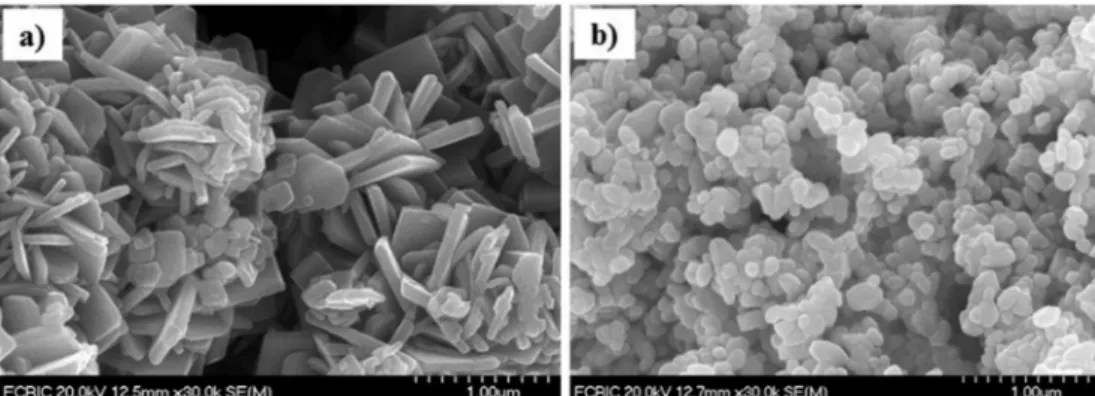 Fig. 7. FE-SEM micrographs of (a) commercial WO 3  made in China and (b) WO 3  by synthesized chemical precipitation.