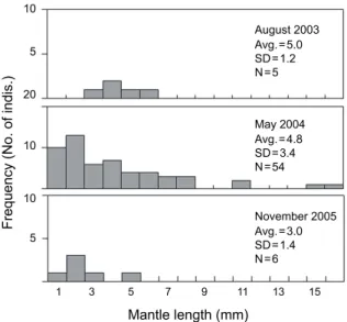 Fig.  6.  Size-frequency  distributions  of  common  squid  (Todarodes  pacificus)  larvae  collected  by  a  bongo  net  in  the  northern  East  China  Sea
