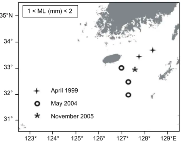 Fig.  7.  Stations  where  small  larvae  (1-2 mm)  were  collected  during  each  survey.