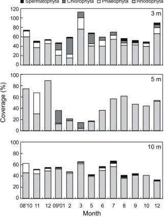 Fig.  2.  Monthly  variation  of  the  sum  of  coverage  observed  in  permanent  quadrats  at  Sacheon.
