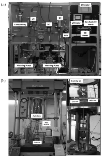 Fig. 1. Environmental fatigue crack growth rate test system. (a) Loop system, (b) Fatigue crack growth rate test specimen load on test rig.