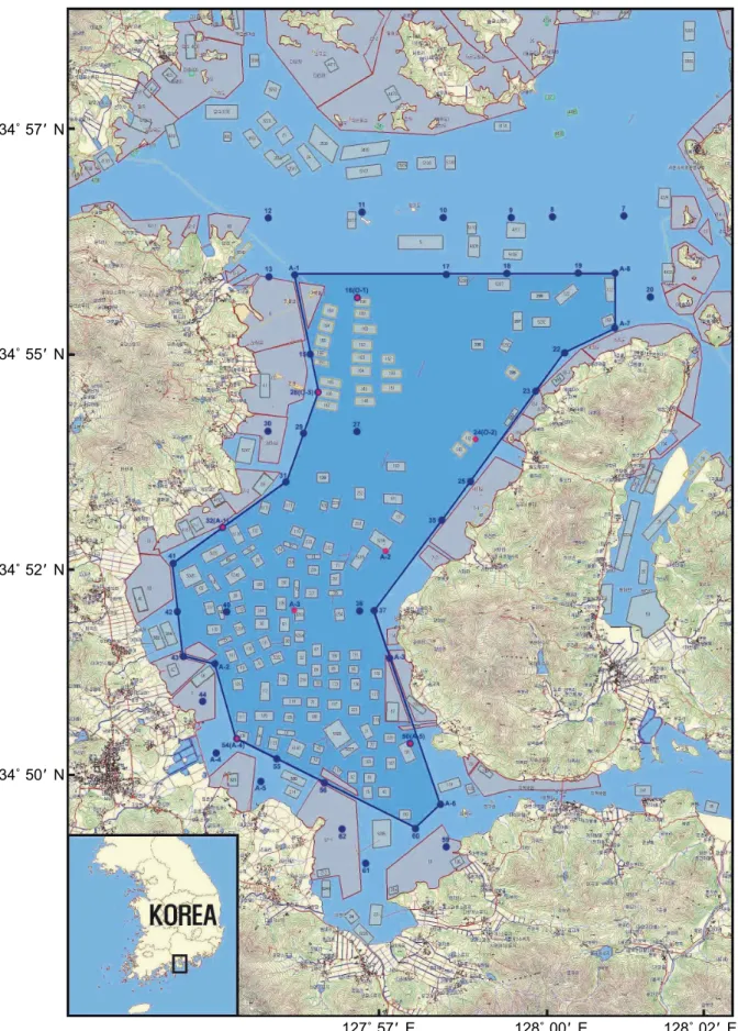 Fig.  1.  Sampling  stations  for  sanitary  survey  of  shellfish  growing  area  in  Gangjinman,  Korea.