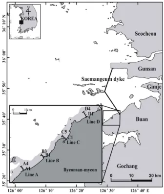 Fig.  1.  A  map  showing  the  study  area  and  the  sampling  stations  for  the  measurement  of  sedimentation  rate  and  the  analysis  of  intertidal  surface  sediment  around  Byeonsan  Peninsula  in  the  western  coast  of  Korea.