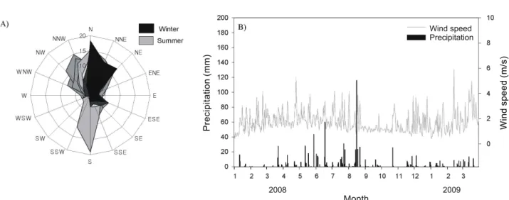 Fig.  4.  The  frequency  percent  of  the  wind  direction  (A)  and  the  daily  variations  of  the  wind  speed  and  precipitation  (B)  around  Byeonsan  Peninsula  from  January  2008  to  March  2009.