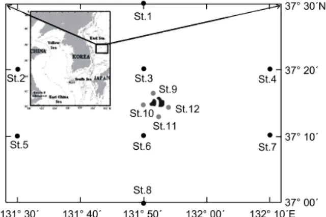 Fig.  1.  Sampling  stations  of  fish  larvae  off  Dokdo  in  the  East  Sea.