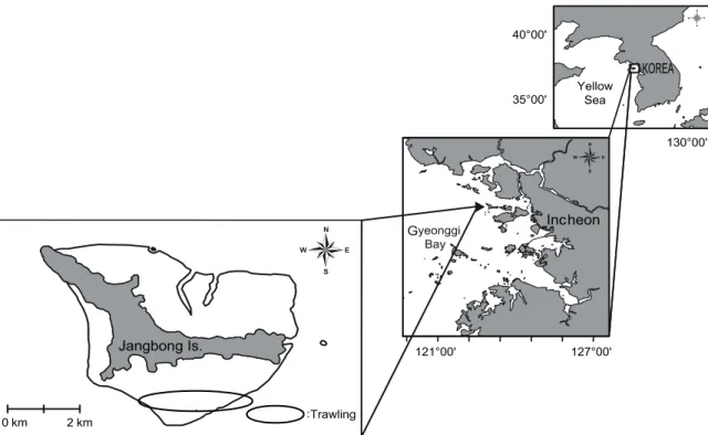Fig.  1.  Location  of  the  sampling  sites  on  the  tidal  flat  around  Jangbong  Island,  Incheon,  Korea