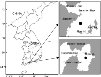 Fig.  1.  Map  showing  the  sampling  station  (●)  of  Anadara  subcrenata  in  Suncheon  and  Boseong  Bays  in  Korea.
