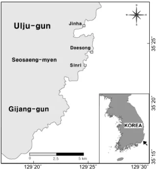 Fig.  1.  A  map  showing  the  sampling  sites  in  Ulsan,  east  coast  of  Korea. 해조상과 군집조사는 각 조사 정점별로 해조 생육 상한선에 서 하부 조간대까지 transect  line을 설정하여 각 정점별로 조사 를 실시하였다