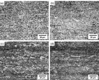 Fig. 1. Optical micrographs of the (a) Base, (b) Cu, (c) B, and (d) Cu-B specimens. Nital etched.