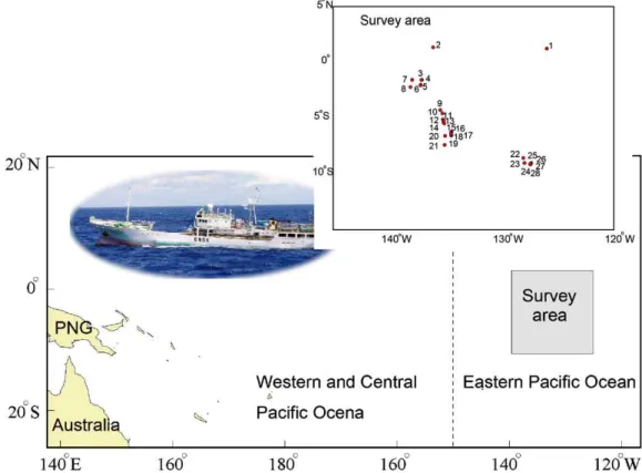 Fig.  1.  The  survey  area  for  circle  hook  experiment  in  the  eastern  Pacific  Ocean  from  September  20  to  October  23  in  2006