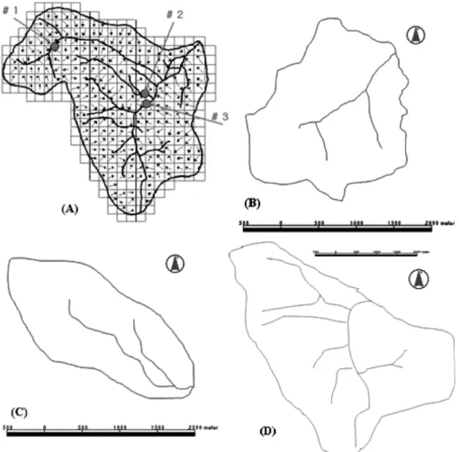 Fig. 1 Schematic Representation of Study Watersheds: (A) Location of Watersheds; (B) Study Watershed 1(Sutong); (C) Study Watershed 2(Sungjeon); (D) Study Watershed 3(Jinjam)