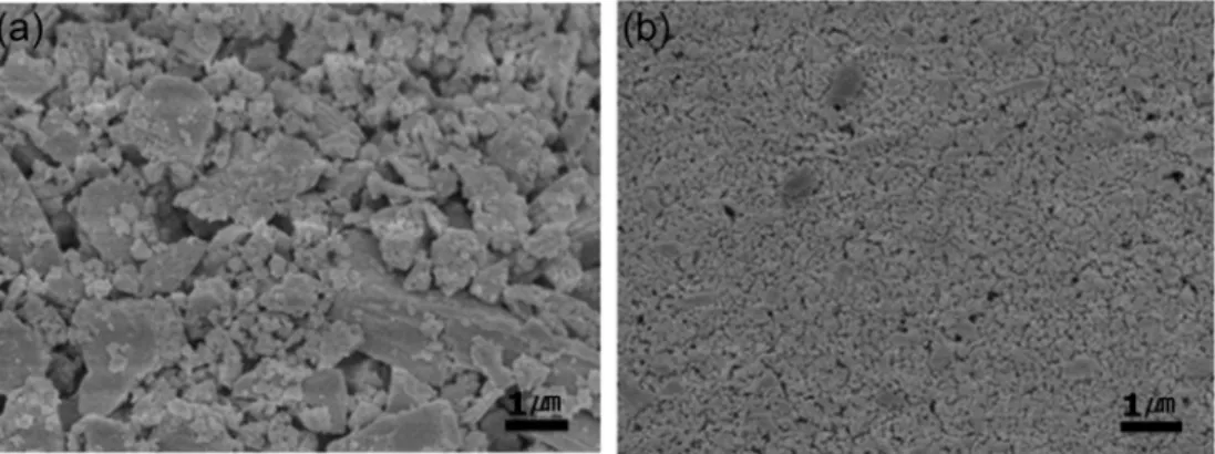 Fig. 3. SEM images of YSZ powders milled for 24hrs using attrition mill. (a) After the pH adjustment of spherical granules, (b) After dispersion condition of spherical granules.