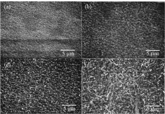 Fig. 1. SEM images of the products prepared through thermal oxidation of Cu plate at 600 o C for (a) 1 h, (b) 5 h, (c) 10 h and (d) 15 h in air.