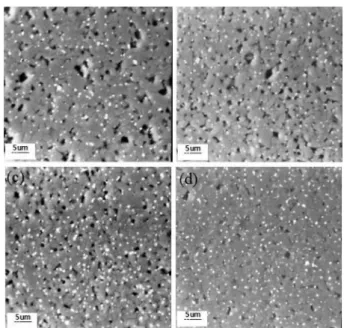 Fig. 7. Microstructural development of Al 2 O 3 -Al alloy powder compacts after post-sintering at 1550 o C for 2hrs with milling time, (a) 6 hr, (b) 8 hr, (c) 10 hr, and (d) 12 hr, respectively.