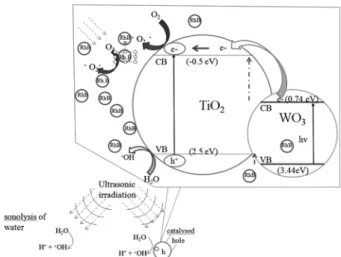 Fig. 7. Schematic drawing of separation of generated electrons and holes on the interface of CdS-C 60 /TiO 2  compounds under ultrasonic irradiate.