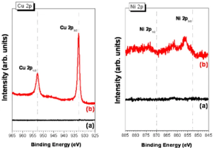 Fig. 5. XPS spectra for (a) an anodized Al layer part and (b) a printed Ag paste layer part after electroless Cu plating at 70 o C in bath pH 7, for 40 min.