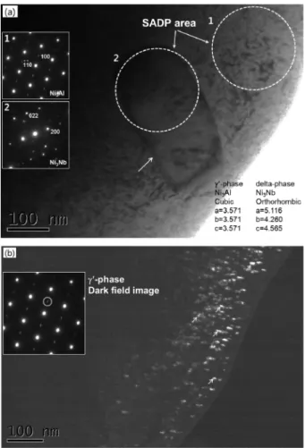 Fig. 13. (a) Bright field and (b) dark field images acquired by TEM analysis on the stir zone of the friction stir processed and  post-heat-treated Inconel 718 alloy