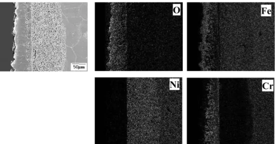 Fig. 8. SEM cross-sectional image and spot chemical analysis results of unspalled outer scale of Inconel 800H corroded at 650 o C for 72 hrs.