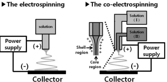 Fig. 1. A schematic of single capillaries in electrospinning apparatus and two co-axial capillaries in co-electrospinning apparatus.