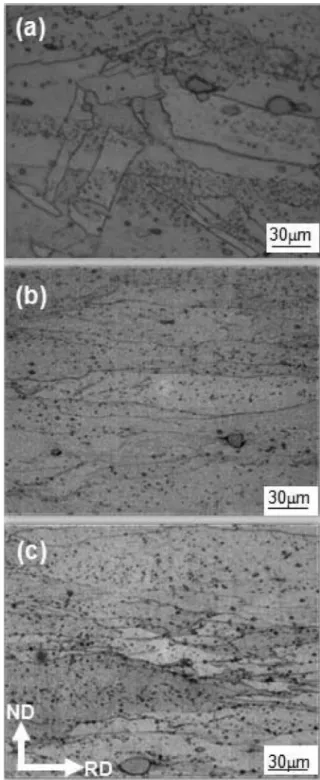 Fig 3. Optical microstructures observed at center in thickness direction of the starting material (a), the materials after conventional rolling (b) and after differential speed rolling (c).