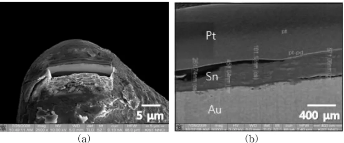 Fig. 5. Cross-sectional FIB-FESEM micrographs of pogo pins before testing : (a) overall view and (b) magnified view of (a).