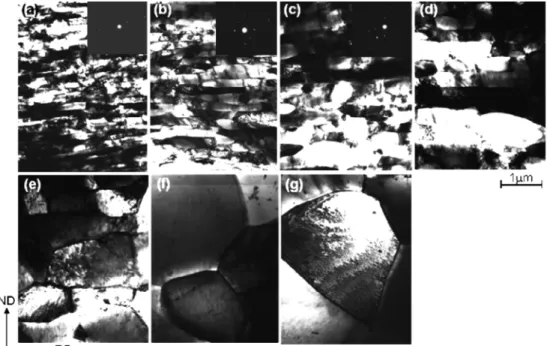 Fig. 5. The variation of grain size with annealing temperature of the ARB processed IF steel.