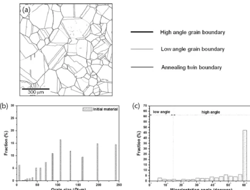 Fig. 1. (a) Grain boundary map, (b) grain size and (c) misorientation angle distributions of initial material