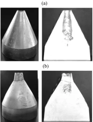 Fig. 7. Surface and Cross sections of the Tatur test castings; (a) ALDC12 and (b) ALDC6.