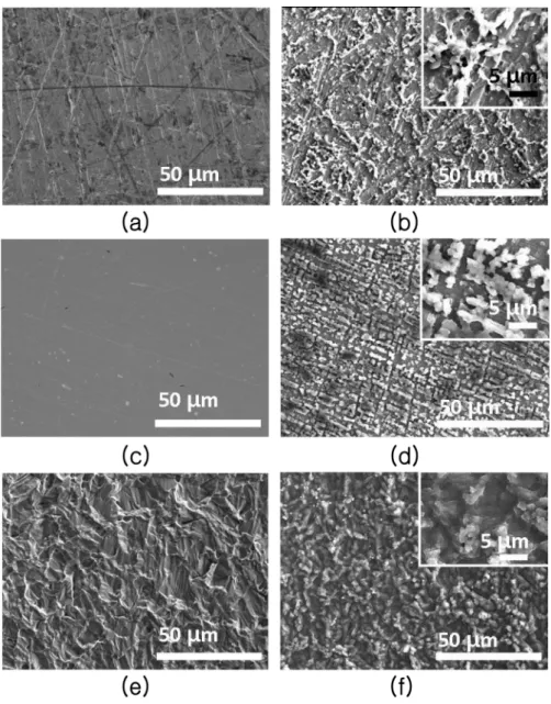 Fig. 2. Top views of (a,c,e) Cu substrates and (b,d,f) electrodeposits formed on them