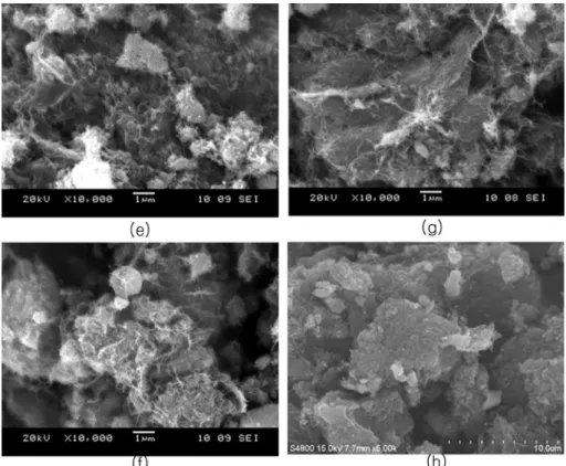 Fig. 3. SEM and FE- SEM images obtained from powdered CNT/TiO 2  composites: (a) A1, (b) A2 (c) A3, (d) A1, (e) B1 and (f) B2, (g) B3 and (h) B3.