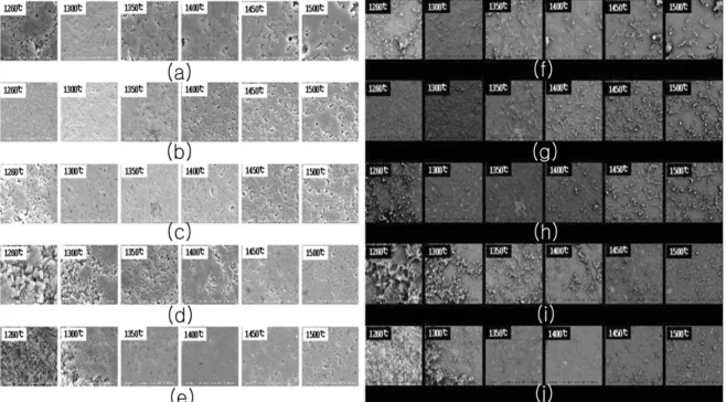Fig.  4. Positive and negative SEM images( × 10,000) of specimens with different kind of SiO 2 , contents of SiO 2  and temperature;