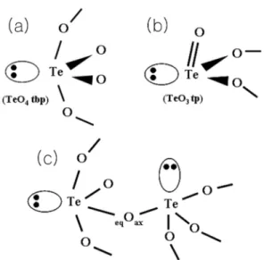 Fig. 5. Basic structure units of TeO 4  trigonal bipyramid (a) and TeO 3  trigonal (b), and Te- eq O ax -Te band (c) in TeO 2 -based glasses.