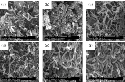 Fig. 9. SEM images of CNF synthesized by change of cooling rate: (a) 1 o C/min, (b) 2 o C/min, (c) 4 o C/min, (d) 10 o C/min, (e) 15 o C/