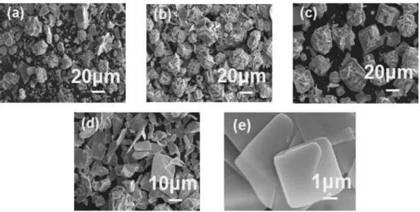 Fig. 3. SEM images of the reaction intermediate during the solution reduction reaction at (a) A, (b) B, (c) C, (d) D, and (e) E.