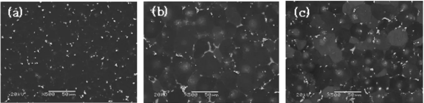 Fig. 5. SEM microstructures of Mg-Nd-Y-Zr-Zn alloy aged at 250 o C for various aging times (a) 0.5 hr, (b) 3 hrs and (c)10 hrs.