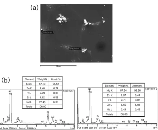 Fig. 7. SEM microstructures of Mg-Nd-Y-Zr-Zn alloy aged at 250 o C for (a) 3 hrs and (b) 6 hrs.