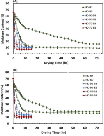 Fig. 2. Moisture content of the edible mushrooms depending on the drying conditions.