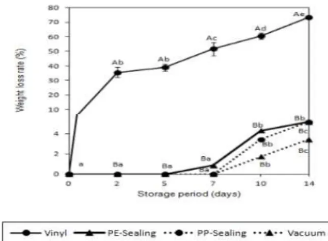 Fig. 2. Changes in soluble solid of different packages of minimally processed sliced Deodeok stored at 7℃.