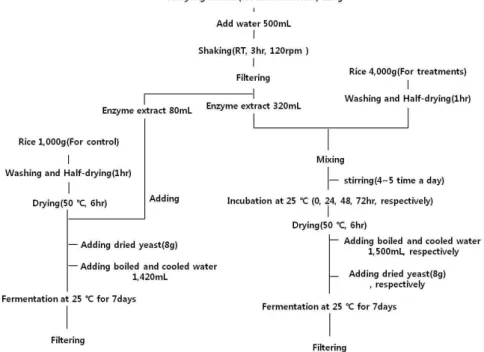 Fig. 1. Schematic diagrams of processing method of Makgeolli using the rice treated with Gaeryang-Nuruk extract.