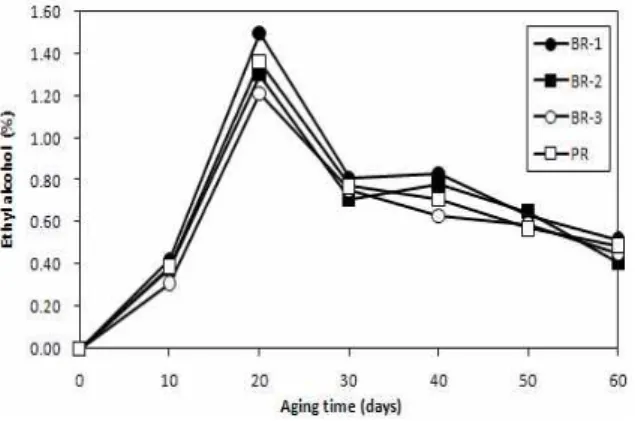 Fig. 2 Changes in ethyl alcohol content during the aging of rice Doenjang.