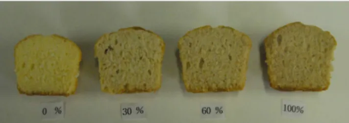 Fig. 1. Appearances of vertical sections of muffins containing different amount of red wine.