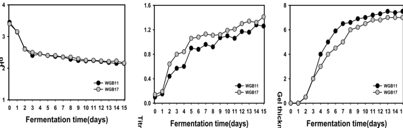 Fig. 2. Change in pH, total acidity and gel thickness of fermenting beverage during fermentation by G