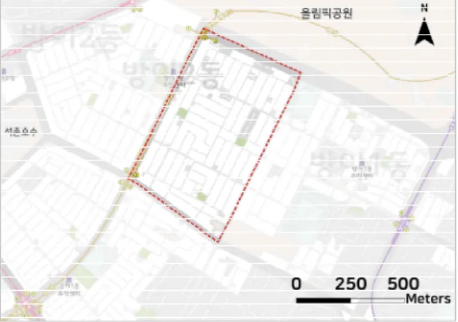 Fig.  1.  Site  Analysis  :  Bangi  2-dong,  Songpa-gu 도로 유형의 구분은 도로의 폭원을 중심으로 노상주차 의 가능 여부, 보차분리 유무, 차량통행방식, 보차분리 유 무 등을 고려하여 분석을 실시하였다
