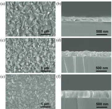 Fig.  5.  SEM  surface  and  cross-sectional  images  of  MAPbI 3   thin films  using  Pb(dpm) 2   at  different  MAI  sublimation  temperature  of  (a)  and  (b)  180℃;  (c)  and  (d)  190℃;  (e)  and  (f)  200℃,  respectively