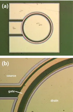그림  3(a)은  공정이  완료된  소자를  FIB  (focused  ion  beam)으로  단면  SEM  촬영을  한  것으로  소자의  구조를  정확하게  보여주며  그림  3(b)는  소스-게이트  영역을  확대하여  촬영한  것으로  Al 2 O 3   유전막  위에  게 이트  메탈이  증착되어  MOS  (혹은  MIS)  구조가  문제없 이  형성되었음을  확인할  수  있다