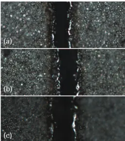 Fig. 5. Top views of the solar cell laser-scribed with various  scanning counts (scribing depths): (a) 10 times (64 ㎛), (b) 16  times (68 ㎛), and (c) 23 times (77 ㎛).