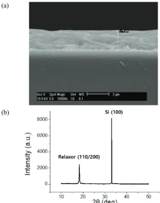 Fig. 3. PFM amplitude and phase measurement. (a) PFM amplitude  and phase as a function of ac drive frequency to the PFM tip,  (b) pulse voltage input signal to the sample, and (c) coresponding PFM amplitude, induced by the input voltage in (b), as a funct