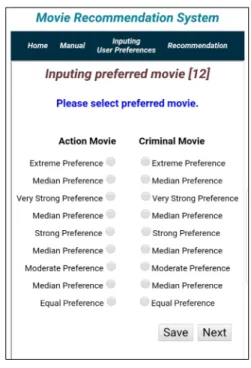 Fig. 4. [Program Capture] A page to recommend movies of preference  to  users 은 소셜 네트워크 기반 텍스트 데이터인 트위터의 리트 윗 자료와 여러 포털 사이트의 뉴스 기사들, 여러 포털 사 이트의 영화 리뷰 자료 등이다