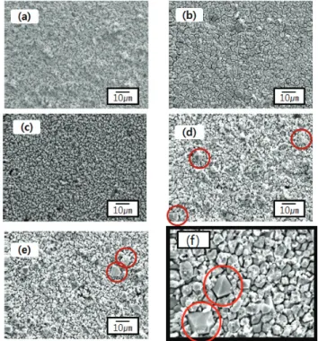 Fig. 3. xPZN-0.2PNN-(0.8-x)PZ 0.46 T 0.54  SEM according to PZN  molar ratio. (a) x=0.05, (b) x=0.10, (c) x=0.15, (d) x=0.20, (e)  x=0.25, and (f) pyrochlore phase imgae (3Kx).
